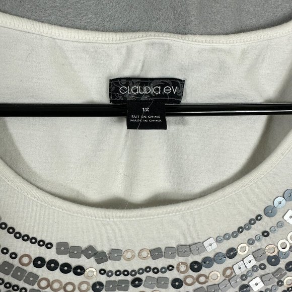 Claudia EV Womens Pullover Top Short Sleeve Blouse Round Neck White Plus Size 1X - Picture 3 of 10
